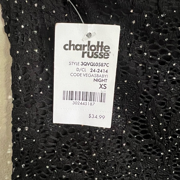 CHARLOTTE RUSSE Black Sparkly Lace Mini Dress Long Sleeve One Shoulder - Picture 8 of 9